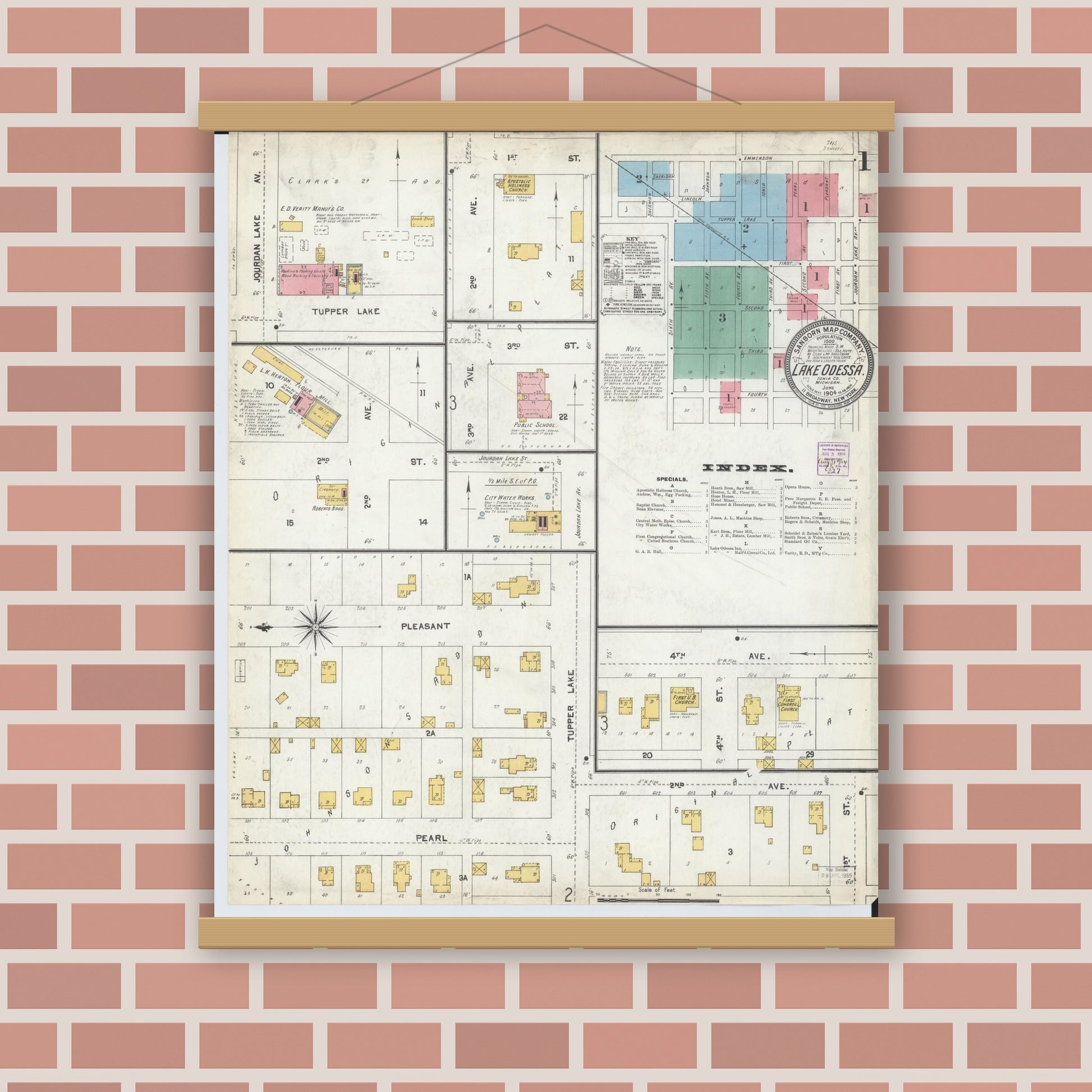 Old map wall art mockup — magnetic wood frame on brick wall — Sanborn Fire Insurance Map from Lake Odessa, Ionia County, Michigan (1904), Sheet #0001