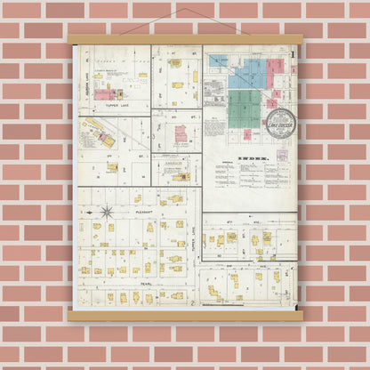 Old map wall art mockup — magnetic wood frame on brick wall — Sanborn Fire Insurance Map from Lake Odessa, Ionia County, Michigan (1904), Sheet #0001