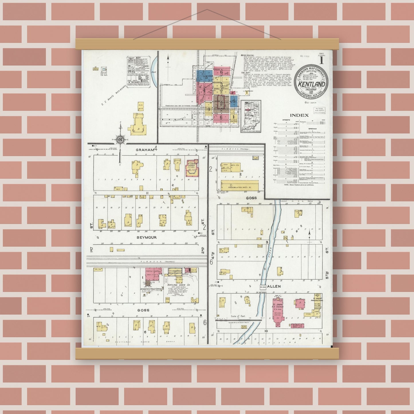 Old map wall art mockup — magnetic wood frame on brick wall — Sanborn Fire Insurance Map from Kentland, Newton County, Indiana (1921) - Complete Map Set