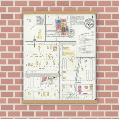 Old map wall art mockup — magnetic wood frame on brick wall — Sanborn Fire Insurance Map from Kentland, Newton County, Indiana (1921) - Complete Map Set