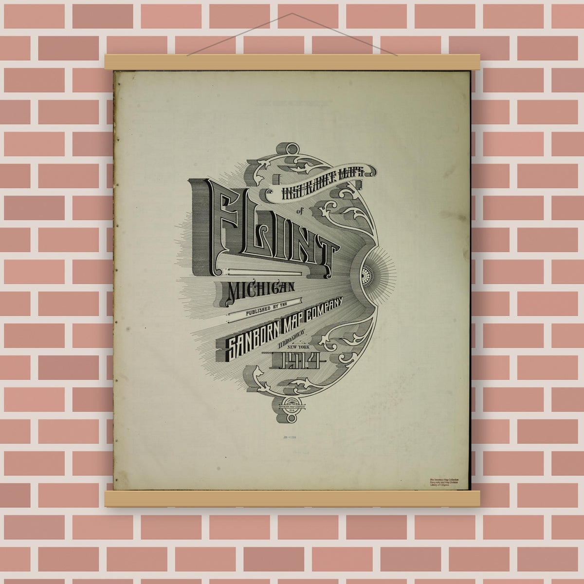 Old map wall art mockup — magnetic wood frame on brick wall — Sanborn Fire Insurance Map from Flint, Genesee County, Michigan (1914), Sheet #0001