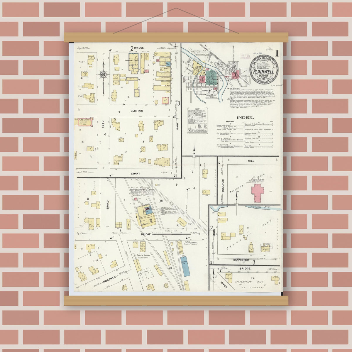 Old map wall art mockup — magnetic wood frame on brick wall — Sanborn Fire Insurance Map from Plainwell, Allegan County, Michigan (1911), Sheet #0001