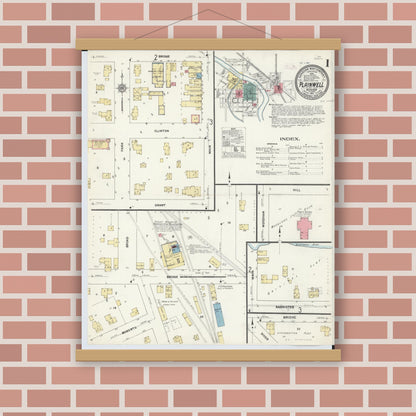 Old map wall art mockup — magnetic wood frame on brick wall — Sanborn Fire Insurance Map from Plainwell, Allegan County, Michigan (1911), Sheet #0001