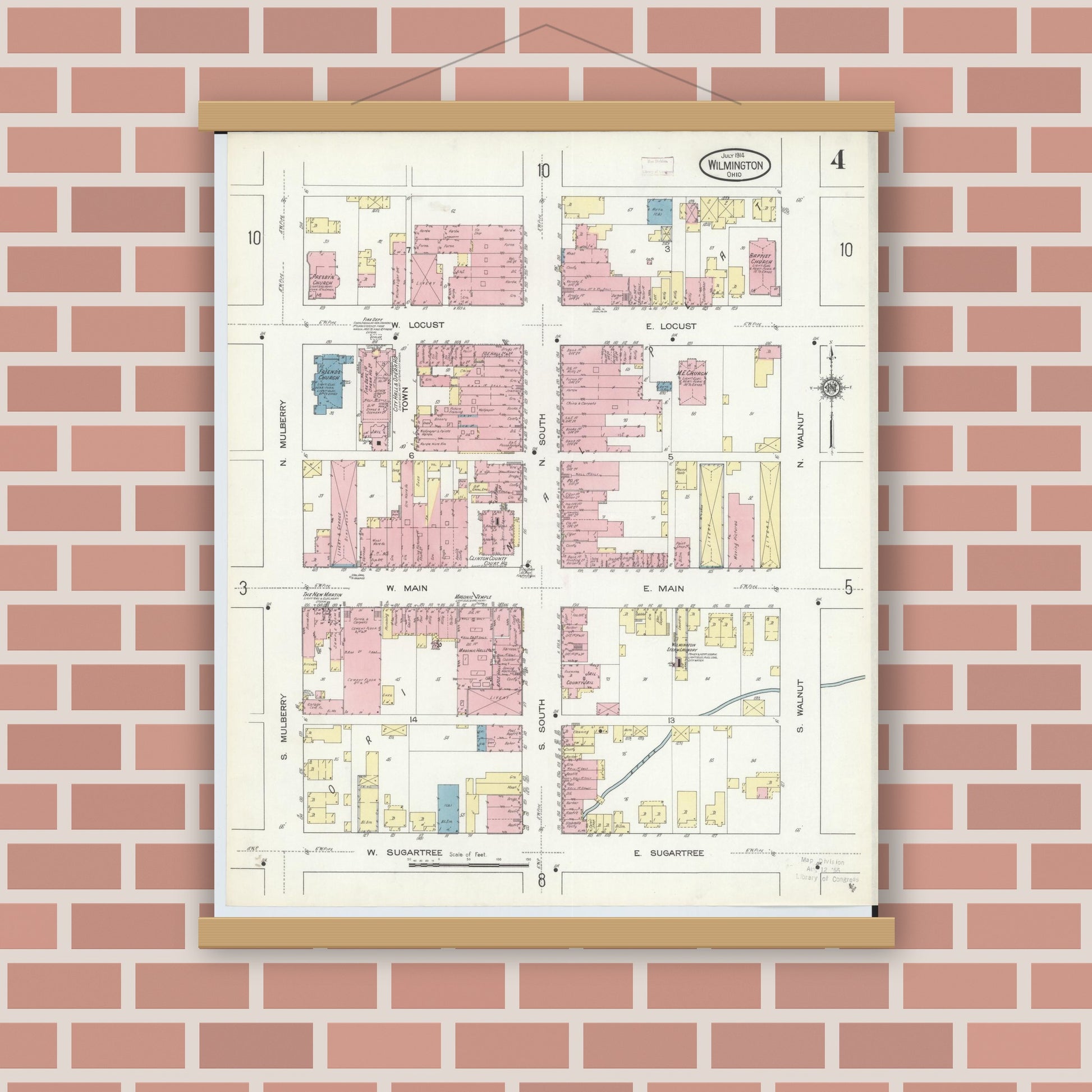 Old map wall art mockup — magnetic wood frame on brick wall — Sanborn Fire Insurance Map from Wilmington, Clinton County, Ohio (1914), Sheet #0004