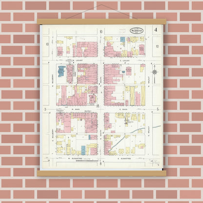 Old map wall art mockup — magnetic wood frame on brick wall — Sanborn Fire Insurance Map from Wilmington, Clinton County, Ohio (1914), Sheet #0004