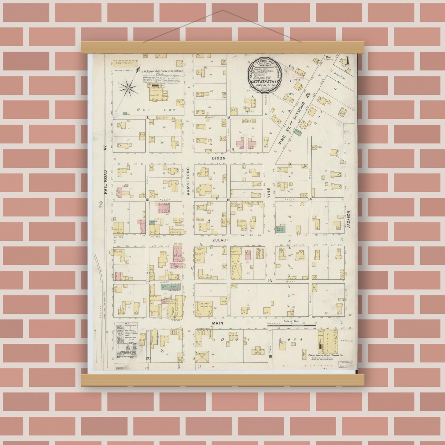 Old map wall art mockup — magnetic wood frame on brick wall — Sanborn Fire Insurance Map from Crothersville, Jackson County, Indiana (1895) - Complete Map Set