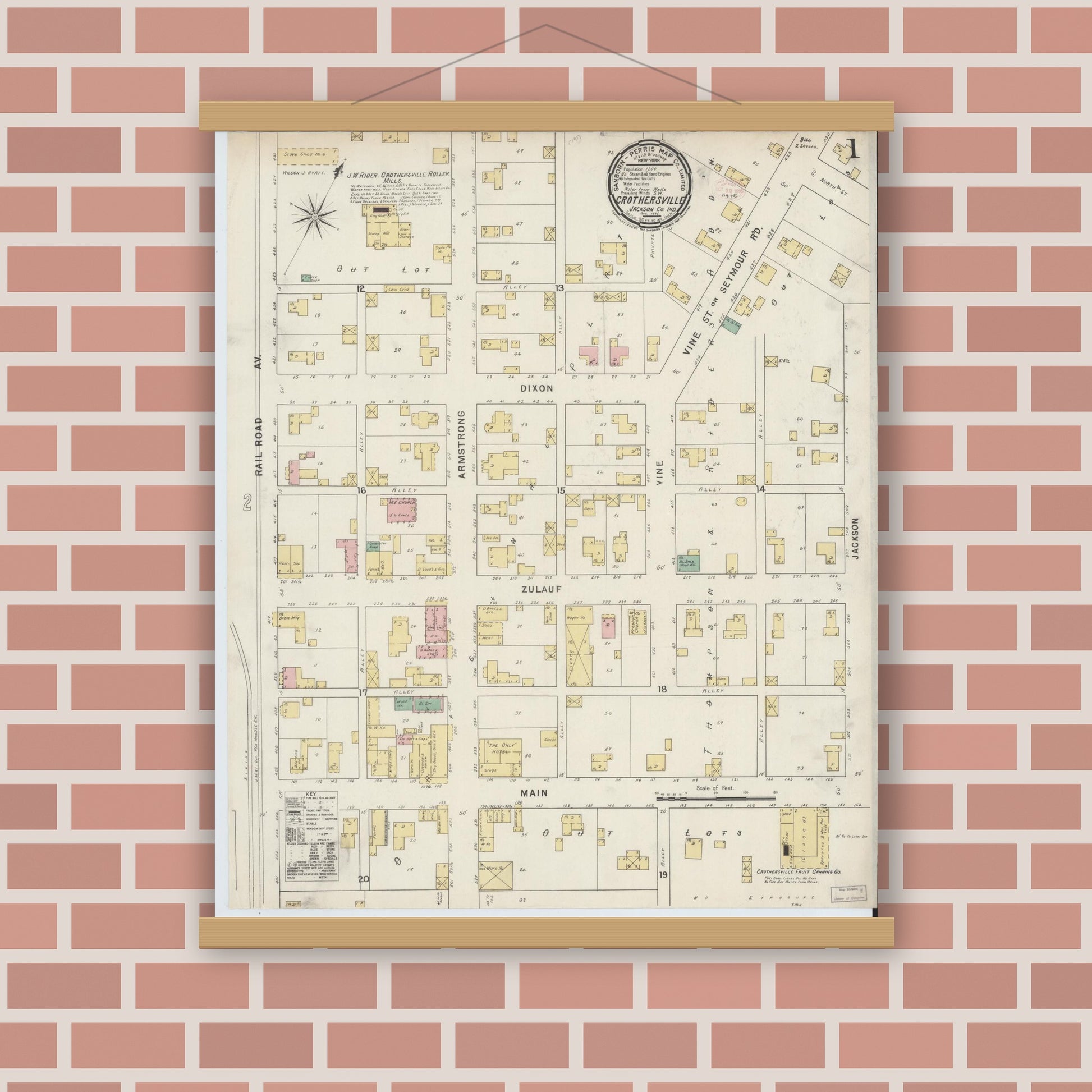 Old map wall art mockup — magnetic wood frame on brick wall — Sanborn Fire Insurance Map from Crothersville, Jackson County, Indiana (1895) - Complete Map Set