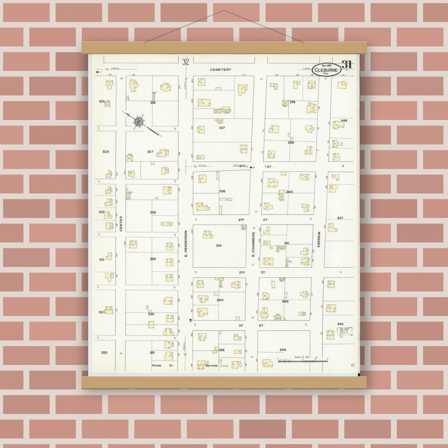 Old map wall art mockup — magnetic wood frame on brick wall — Sanborn Fire Insurance Map from Cleburne, Johnson County, Texas (1910), Sheet #0031
