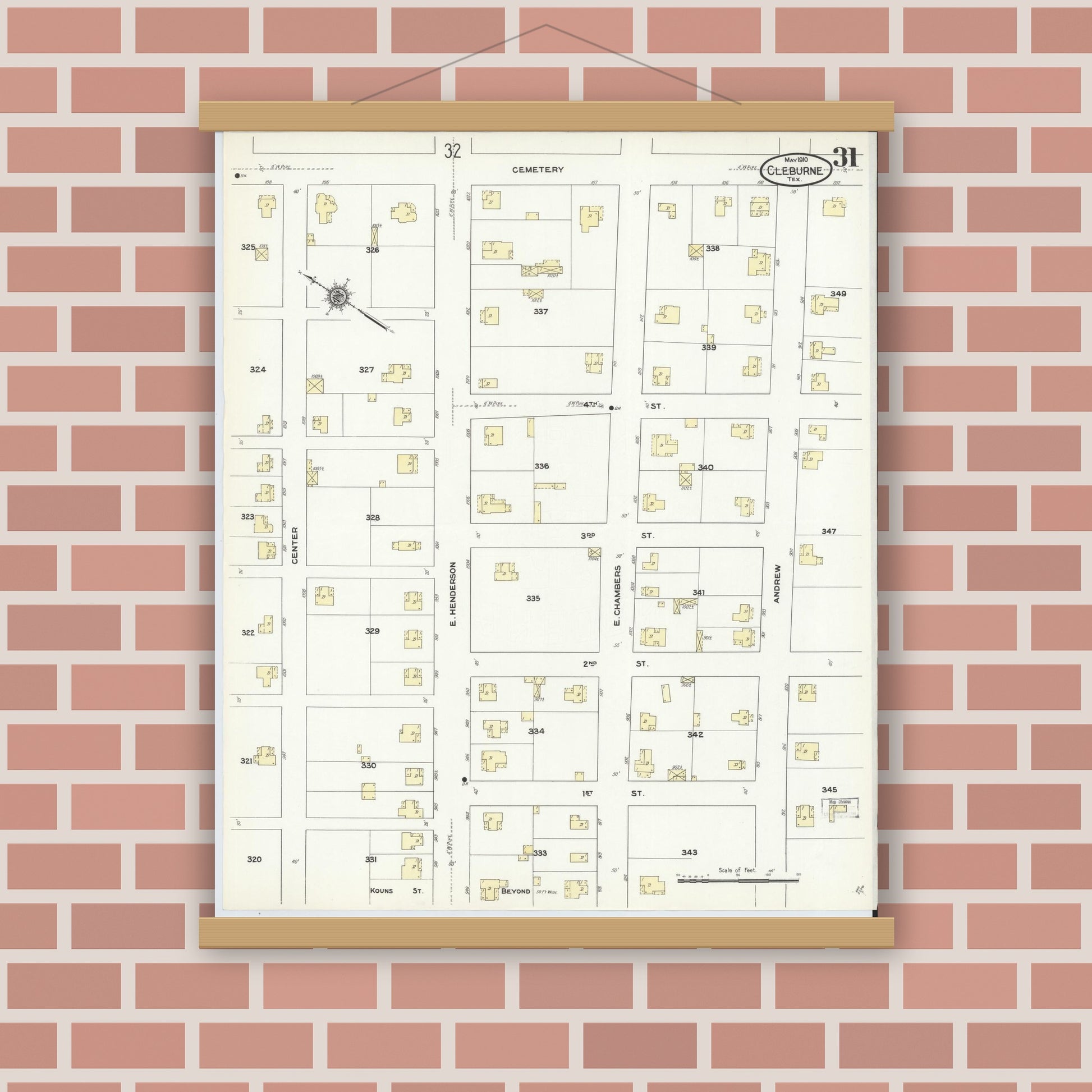 Old map wall art mockup — magnetic wood frame on brick wall — Sanborn Fire Insurance Map from Cleburne, Johnson County, Texas (1910), Sheet #0031