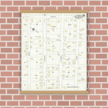 Old map wall art mockup — magnetic wood frame on brick wall — Sanborn Fire Insurance Map from Cleburne, Johnson County, Texas (1910), Sheet #0031