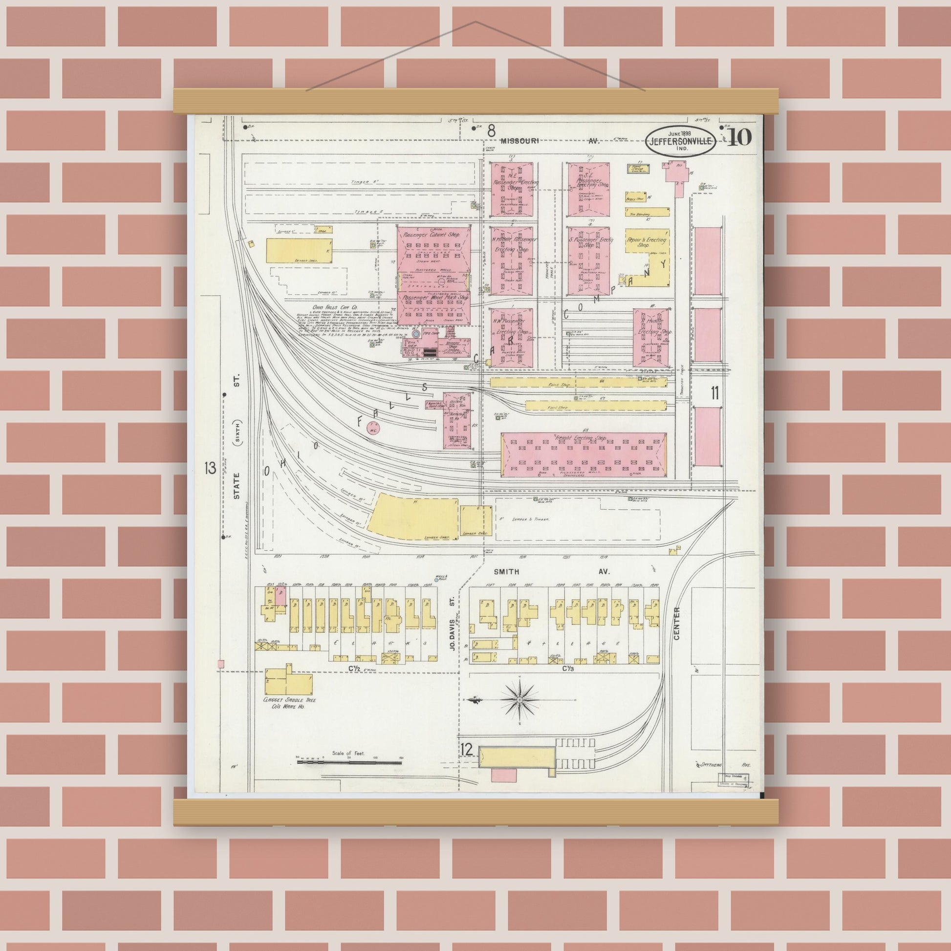 Old map wall art mockup — magnetic wood frame on brick wall — Sanborn Fire Insurance Map from Jeffersonville, Clark County, Indiana (1898), Sheet #0010