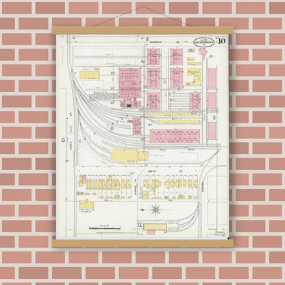 Old map wall art mockup — magnetic wood frame on brick wall — Sanborn Fire Insurance Map from Jeffersonville, Clark County, Indiana (1898), Sheet #0010