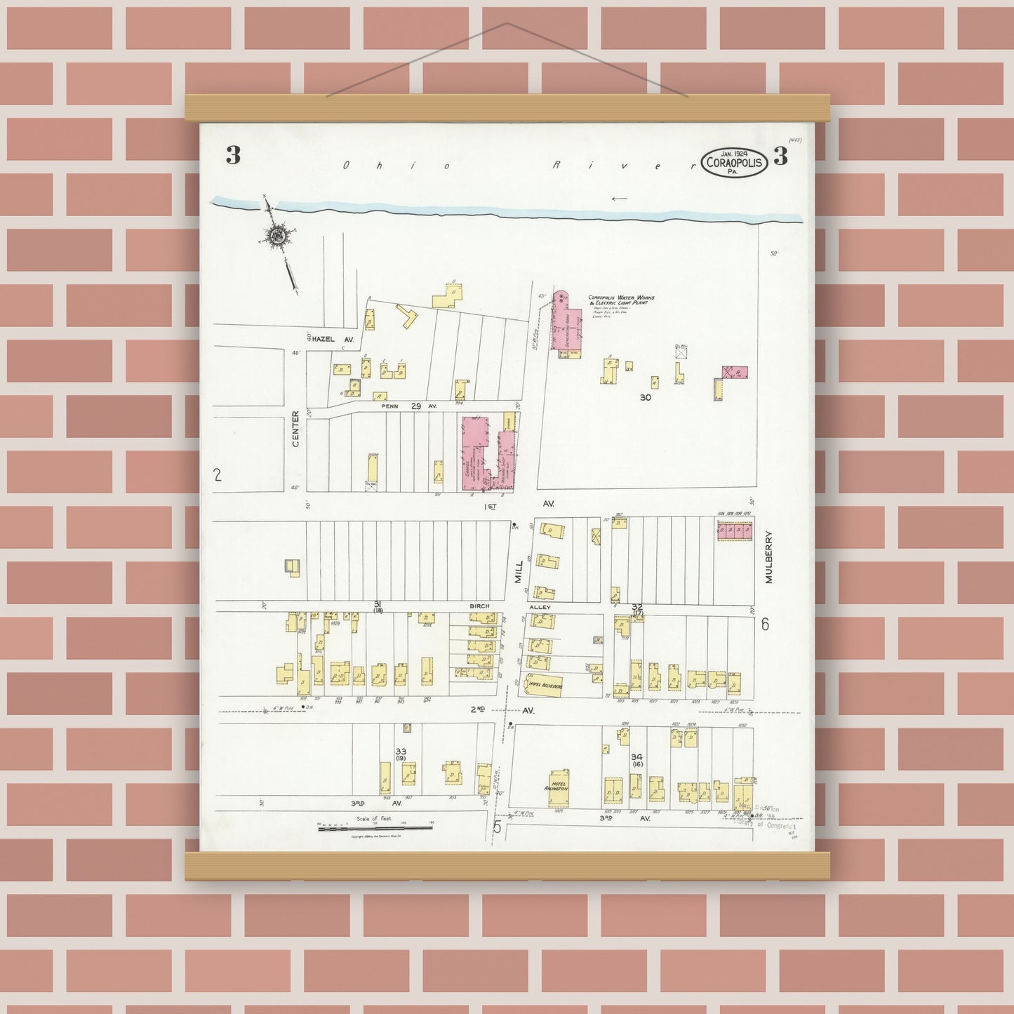 Old map wall art mockup — magnetic wood frame on brick wall — Sanborn Fire Insurance Map from Coraopolis, Allegheny County, Pennsylvania (1924), Sheet #0003