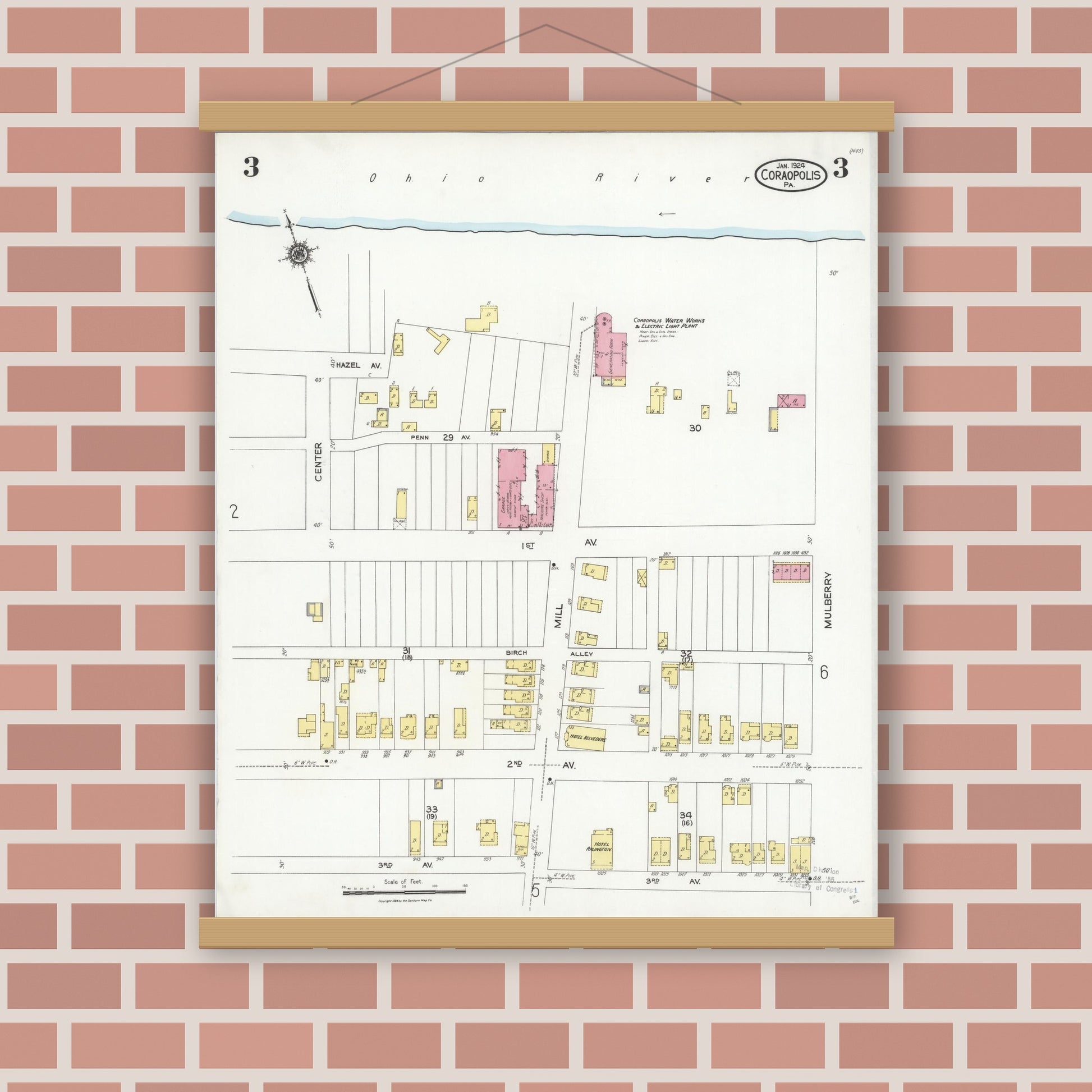 Old map wall art mockup — magnetic wood frame on brick wall — Sanborn Fire Insurance Map from Coraopolis, Allegheny County, Pennsylvania (1924), Sheet #0003