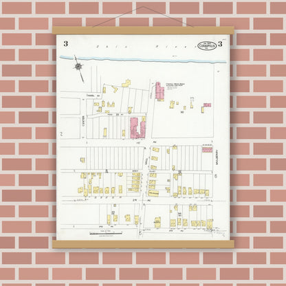 Old map wall art mockup — magnetic wood frame on brick wall — Sanborn Fire Insurance Map from Coraopolis, Allegheny County, Pennsylvania (1924), Sheet #0003