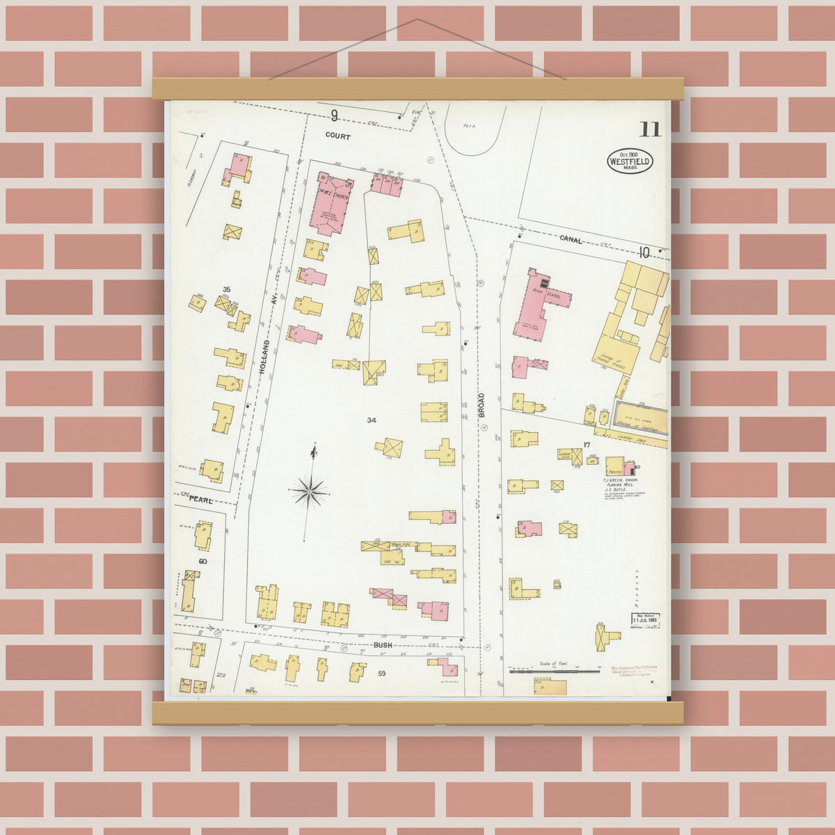Old map wall art mockup — magnetic wood frame on brick wall — Sanborn Fire Insurance Map from Westfield, Hampden County, Massachusetts (1900), Sheet #0011