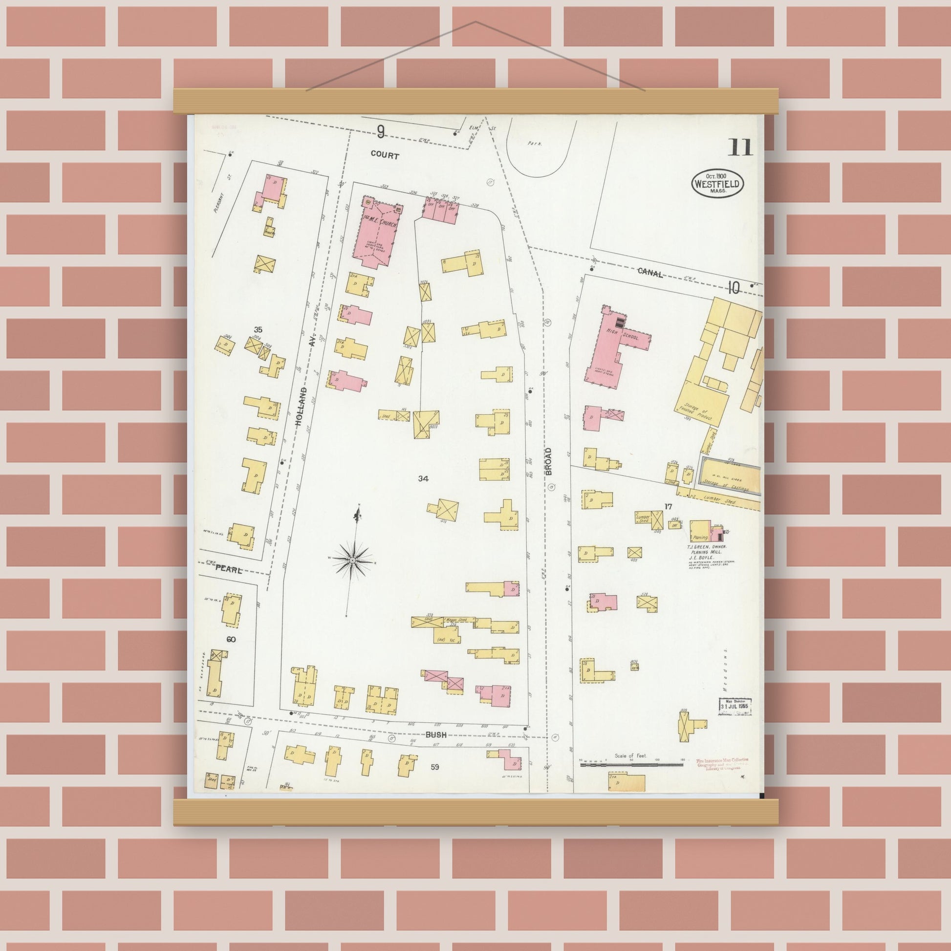 Old map wall art mockup — magnetic wood frame on brick wall — Sanborn Fire Insurance Map from Westfield, Hampden County, Massachusetts (1900), Sheet #0011