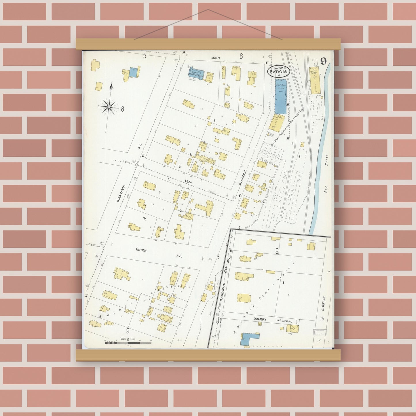 Old map wall art mockup — magnetic wood frame on brick wall — Sanborn Fire Insurance Map from Batavia, Kane County, Illinois (1907), Sheet #0009