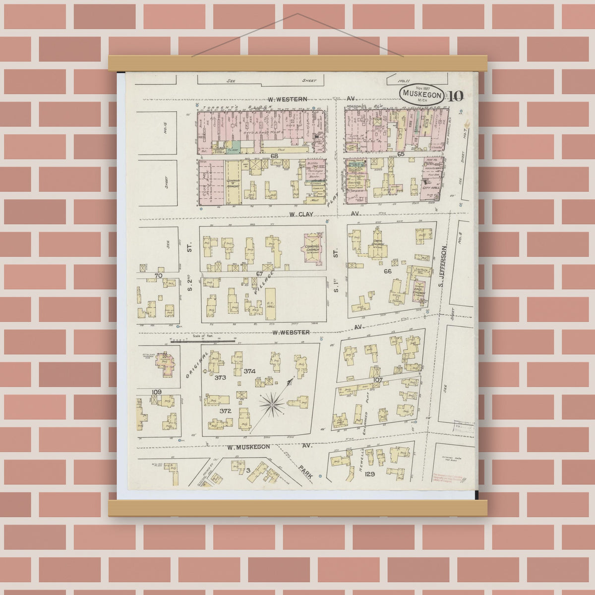 Old map wall art mockup — magnetic wood frame on brick wall — Sanborn Fire Insurance Map from Muskegon, Muskegon County, Michigan (1887), Sheet #0010