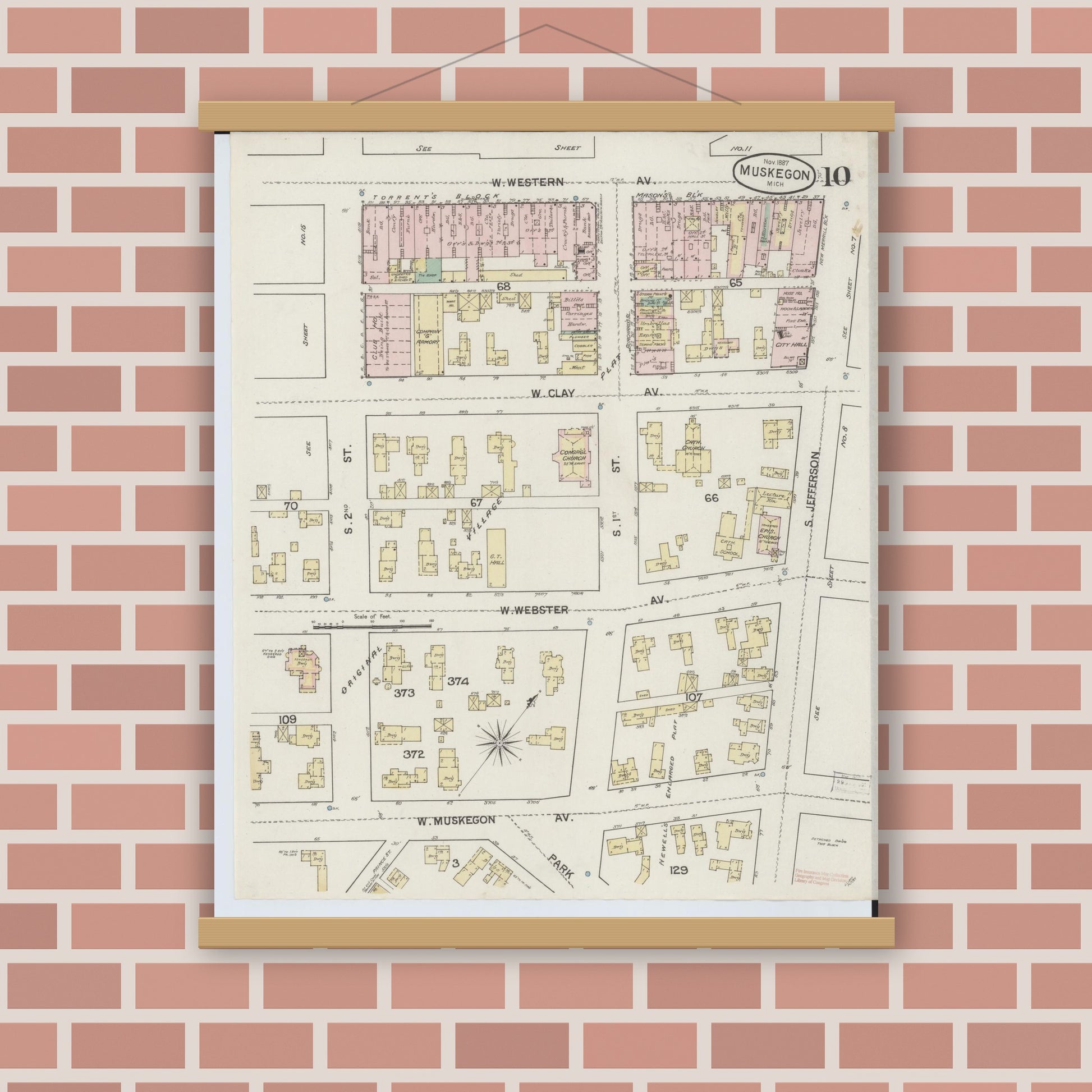 Old map wall art mockup — magnetic wood frame on brick wall — Sanborn Fire Insurance Map from Muskegon, Muskegon County, Michigan (1887), Sheet #0010