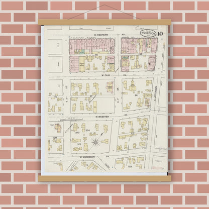 Old map wall art mockup — magnetic wood frame on brick wall — Sanborn Fire Insurance Map from Muskegon, Muskegon County, Michigan (1887), Sheet #0010