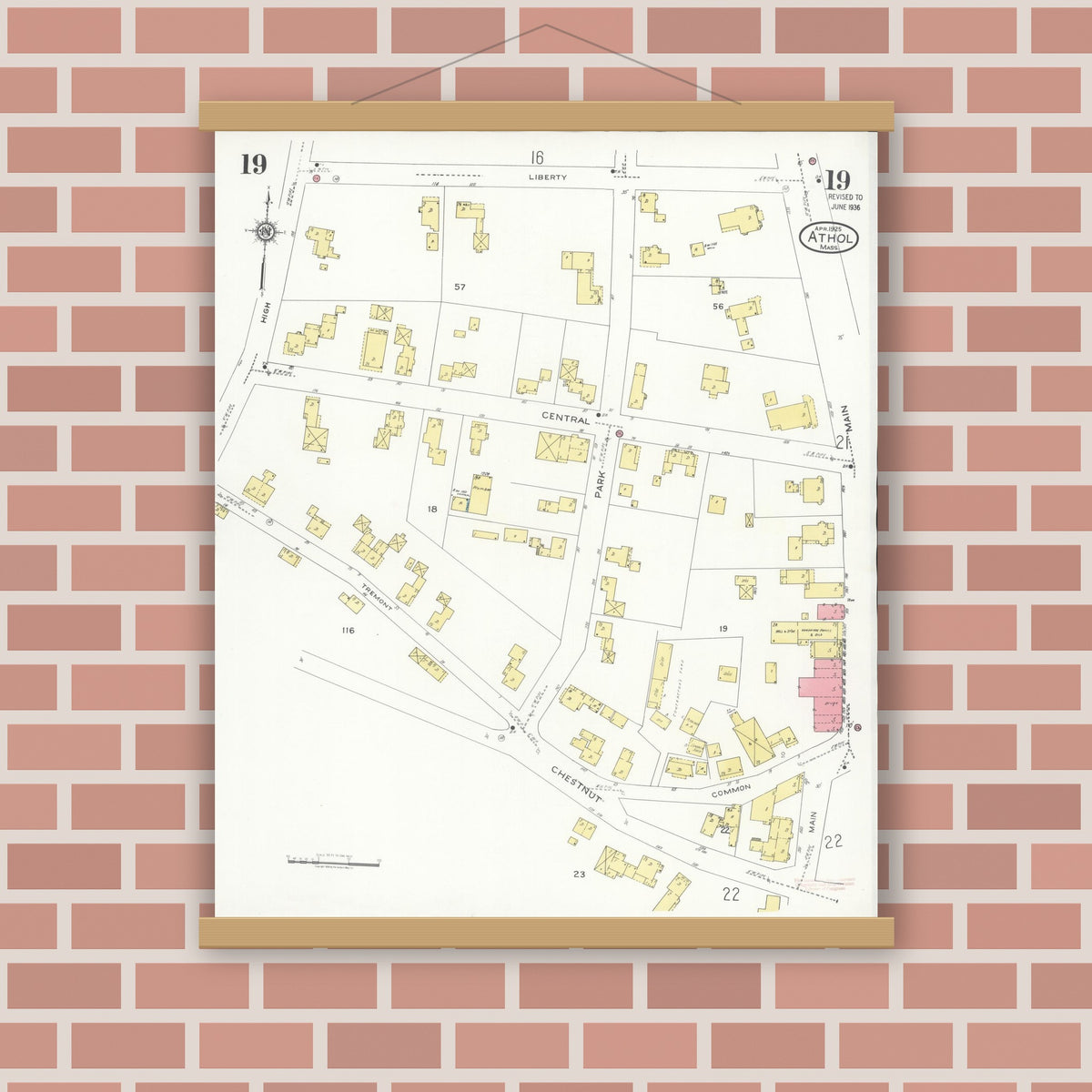 Old map wall art mockup — magnetic wood frame on brick wall — Sanborn Fire Insurance Map from Athol, Worcester County, Massachusetts (1936), Sheet #0019