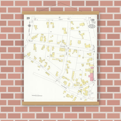 Old map wall art mockup — magnetic wood frame on brick wall — Sanborn Fire Insurance Map from Athol, Worcester County, Massachusetts (1936), Sheet #0019