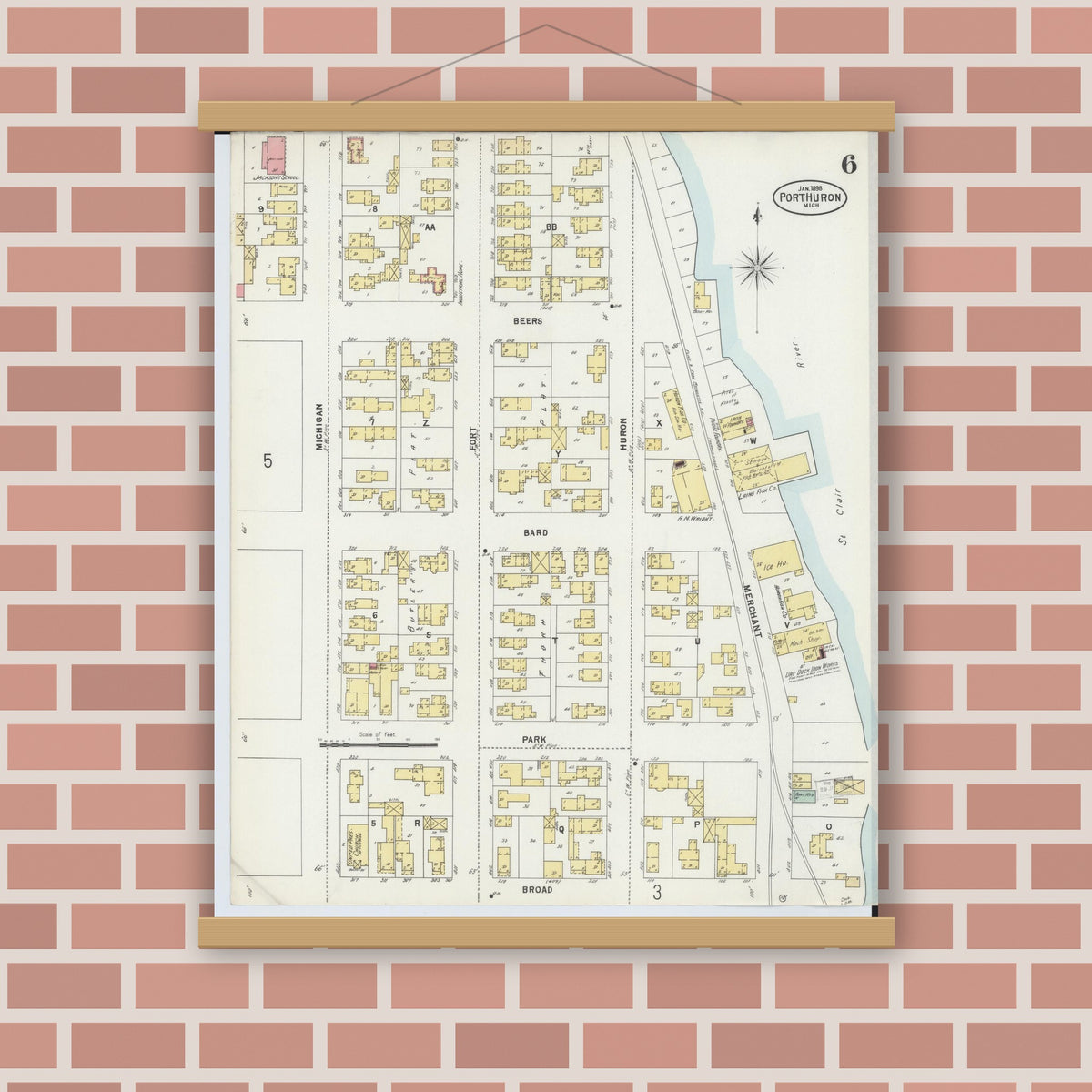 Old map wall art mockup — magnetic wood frame on brick wall — Sanborn Fire Insurance Map from Port Huron, Saint Clair County, Michigan (1898), Sheet #0006
