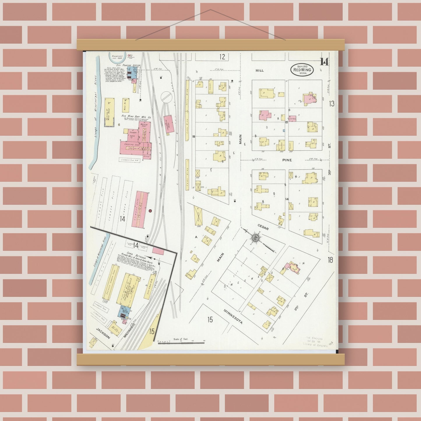 Old map wall art mockup — magnetic wood frame on brick wall — Sanborn Fire Insurance Map from Red Wing, Goodhue County, Minnesota (1910), Sheet #0014