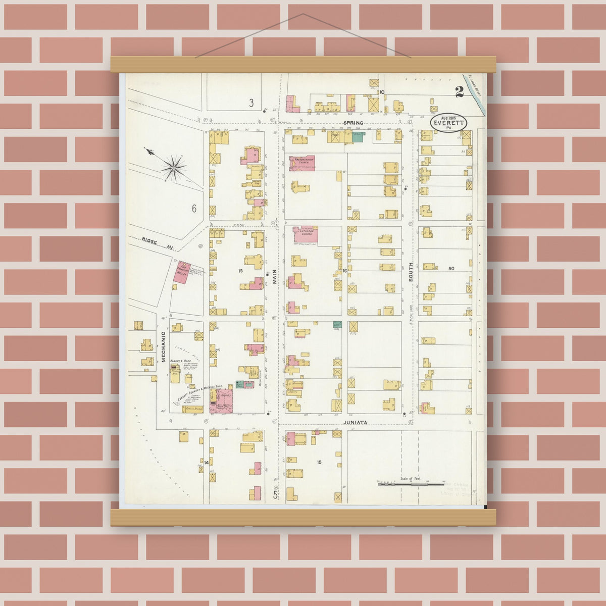 Old map wall art mockup — magnetic wood frame on brick wall — Sanborn Fire Insurance Map from Everett, Bedford County, Pennsylvania (1905), Sheet #0002
