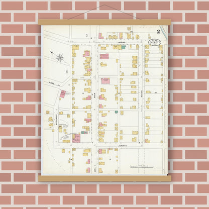 Old map wall art mockup — magnetic wood frame on brick wall — Sanborn Fire Insurance Map from Everett, Bedford County, Pennsylvania (1905), Sheet #0002