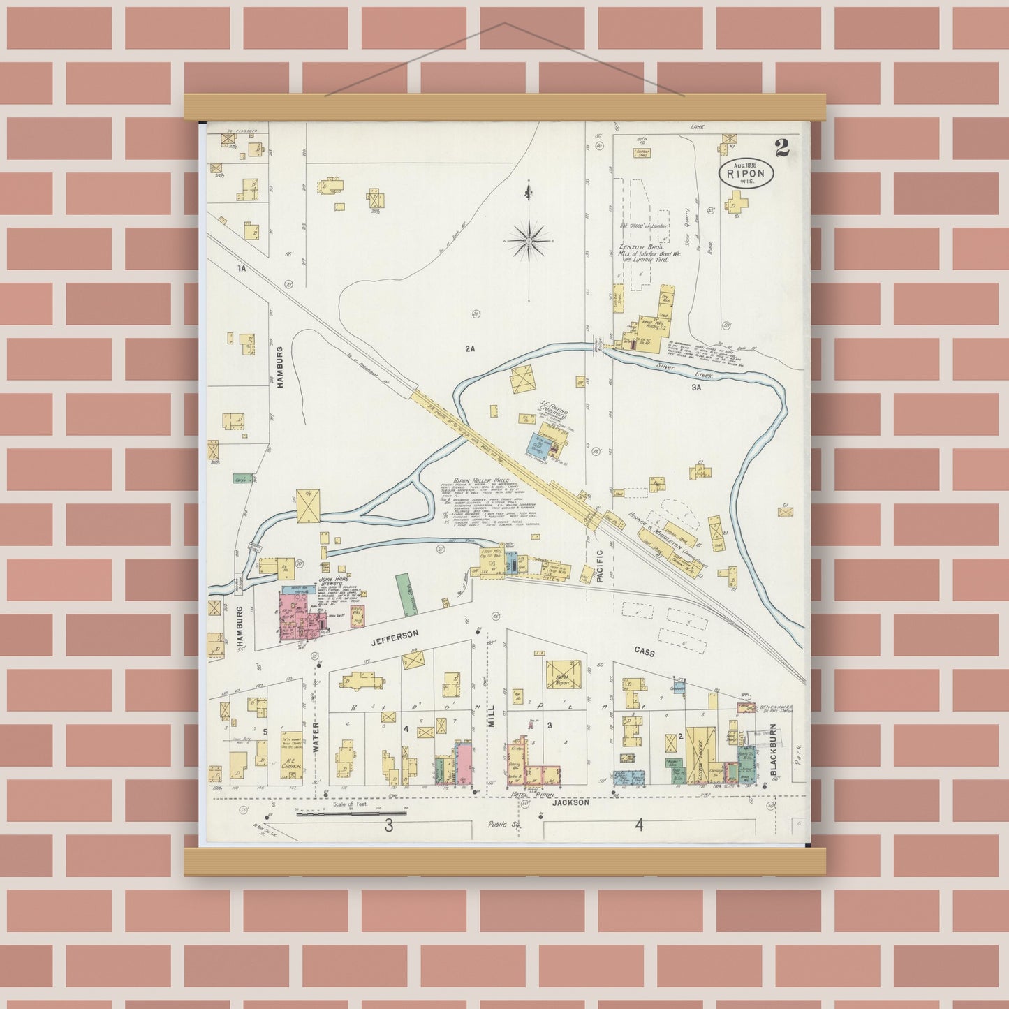 Old map wall art mockup — magnetic wood frame on brick wall — Sanborn Fire Insurance Map from Ripon, Fond du Lac County, Wisconsin (1898), Sheet #0002