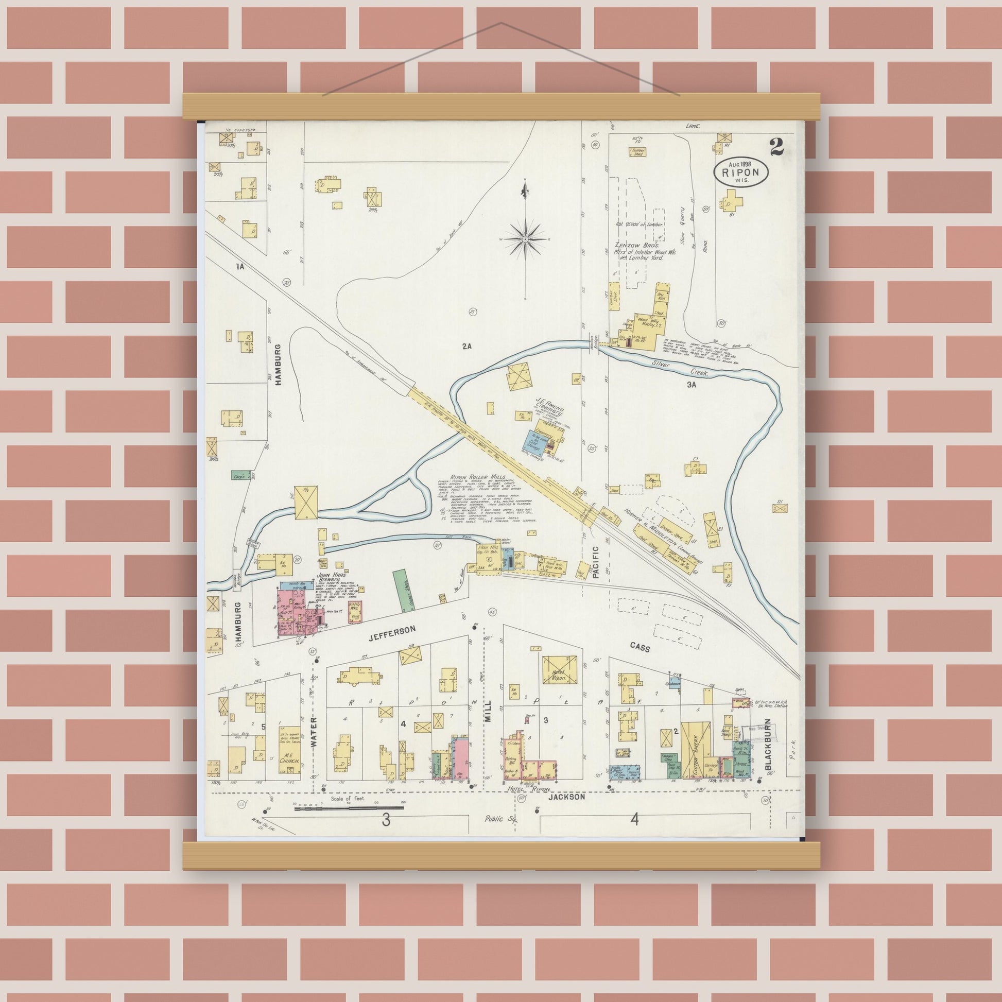 Old map wall art mockup — magnetic wood frame on brick wall — Sanborn Fire Insurance Map from Ripon, Fond du Lac County, Wisconsin (1898), Sheet #0002