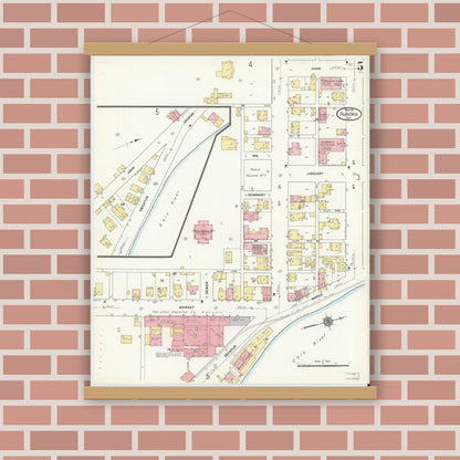 Old map wall art mockup — magnetic wood frame on brick wall — Sanborn Fire Insurance Map from Aurora, Dearborn County, Indiana (1911), Sheet #0005