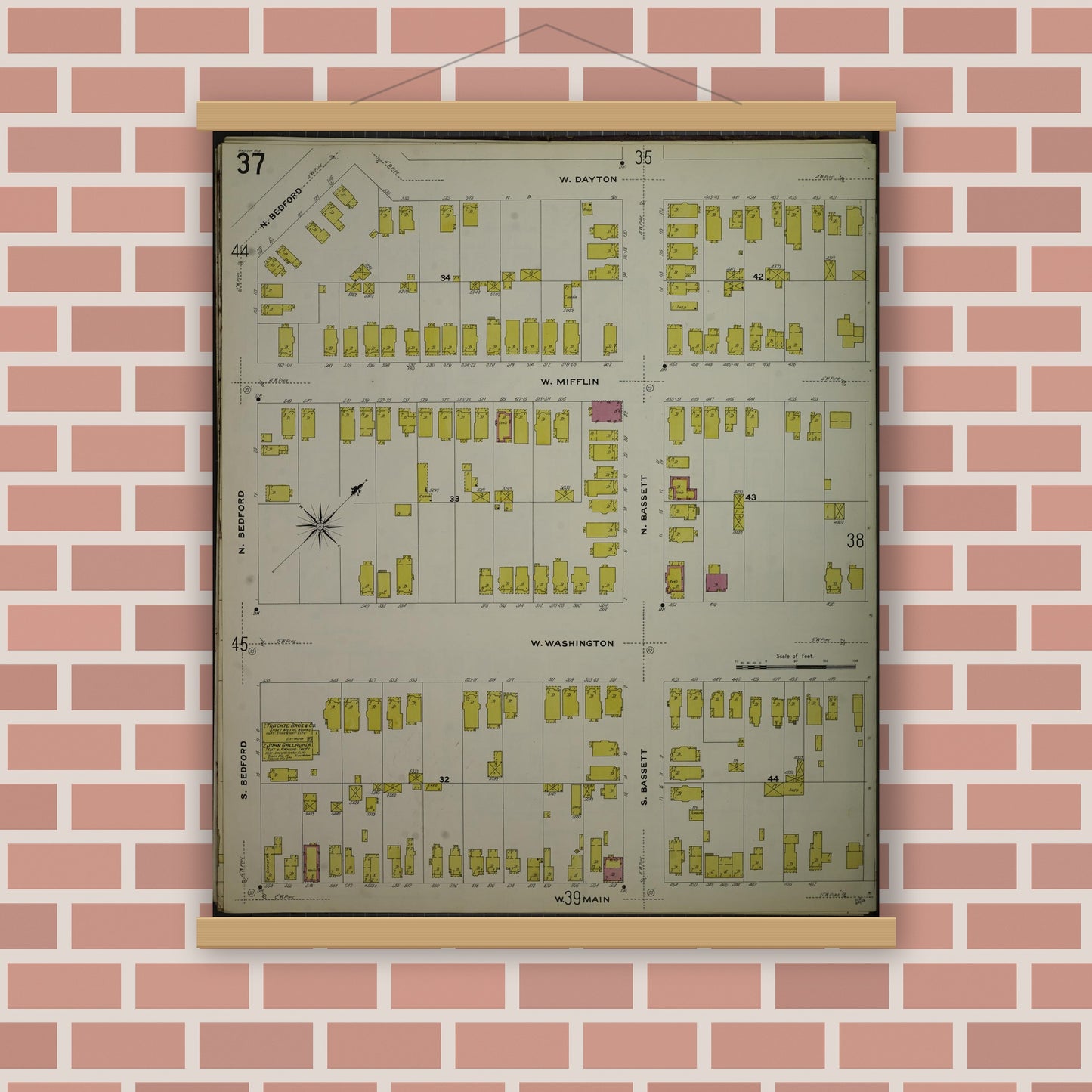 Old map wall art mockup — magnetic wood frame on brick wall — Sanborn Fire Insurance Map from Madison, Dane County, Wisconsin (1908), Sheet #0037
