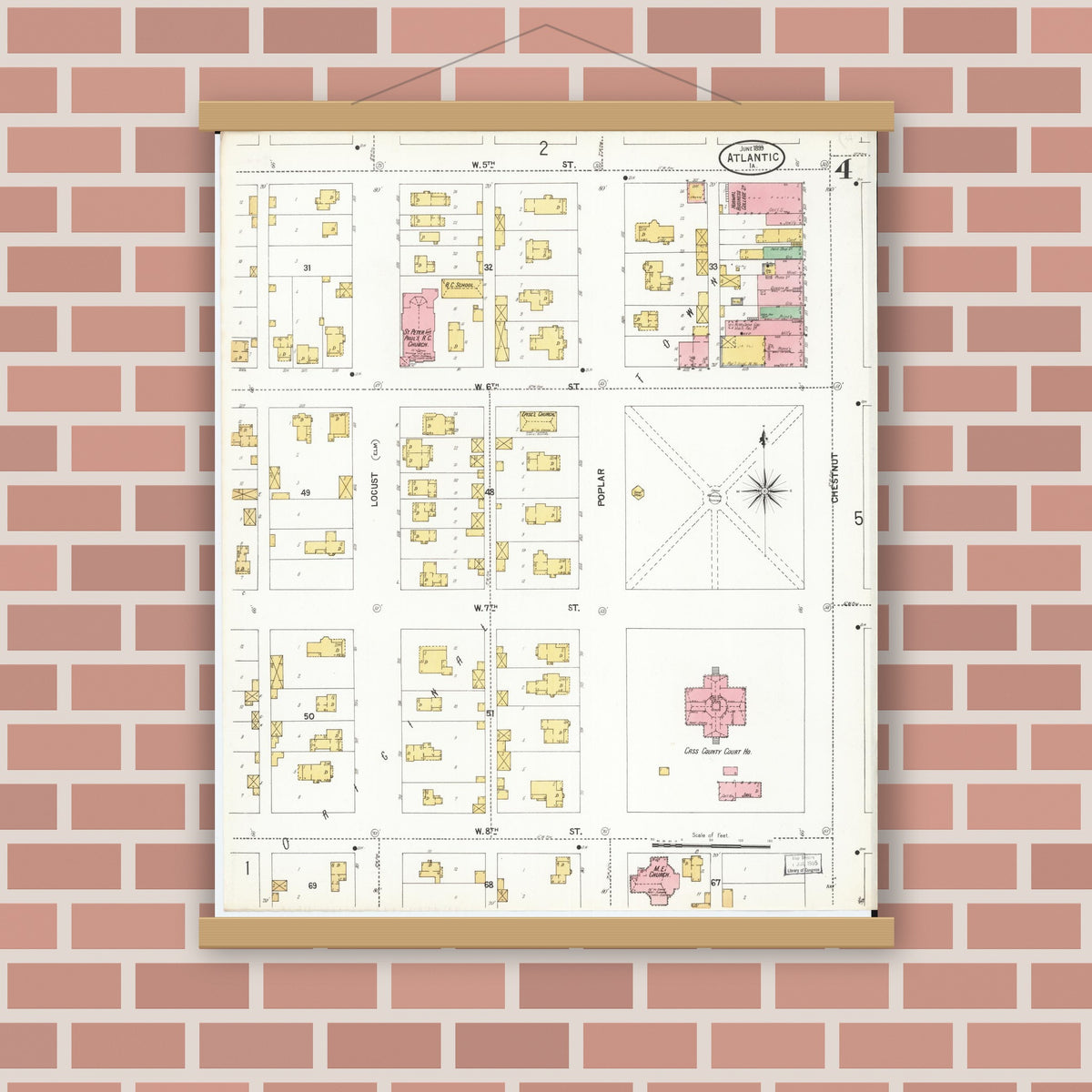 Old map wall art mockup — magnetic wood frame on brick wall — Sanborn Fire Insurance Map from Atlantic, Cass County, Iowa (1899), Sheet #0004