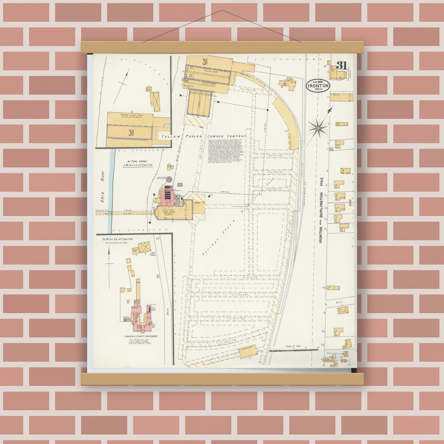 Old map wall art mockup — magnetic wood frame on brick wall — Sanborn Fire Insurance Map from Ironton, Lawrence County, Ohio (1904), Sheet #0031