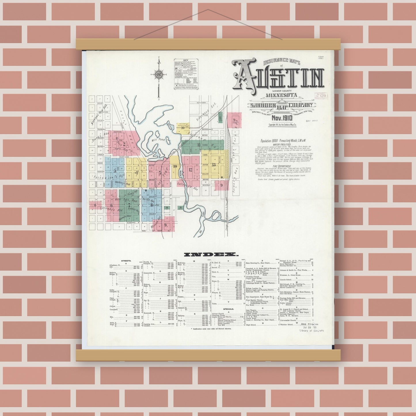 Old map wall art mockup — magnetic wood frame on brick wall — Sanborn Fire Insurance Map from Austin, Mower County, Minnesota (1910), Sheet #0001