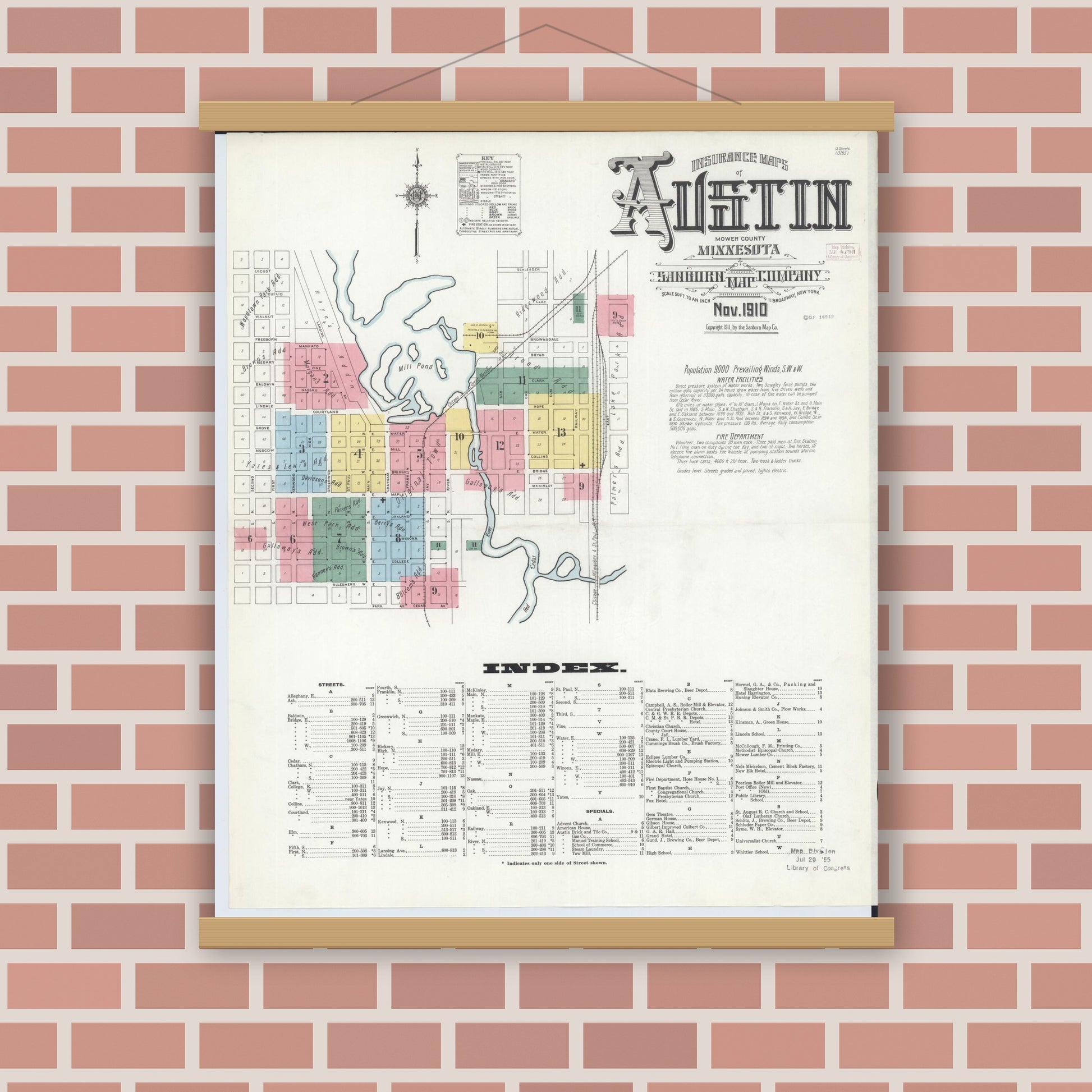Old map wall art mockup — magnetic wood frame on brick wall — Sanborn Fire Insurance Map from Austin, Mower County, Minnesota (1910), Sheet #0001