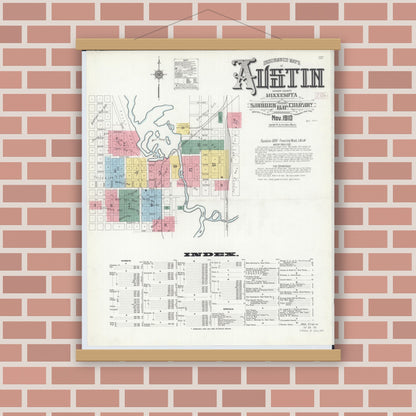 Old map wall art mockup — magnetic wood frame on brick wall — Sanborn Fire Insurance Map from Austin, Mower County, Minnesota (1910), Sheet #0001