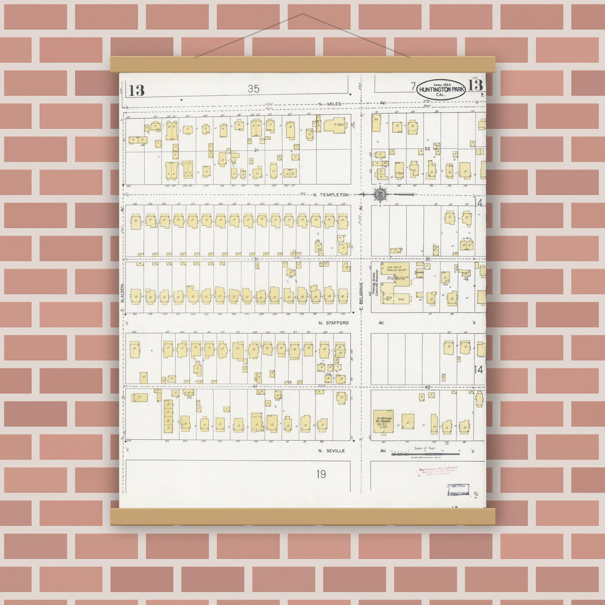 Old map wall art mockup — magnetic wood frame on brick wall — Sanborn Fire Insurance Map from Huntington Park, Los Angeles County, California (1924), Sheet #0013