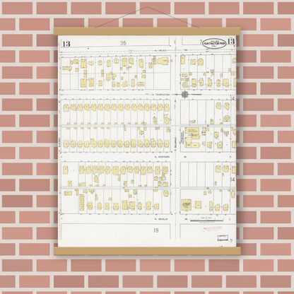 Old map wall art mockup — magnetic wood frame on brick wall — Sanborn Fire Insurance Map from Huntington Park, Los Angeles County, California (1924), Sheet #0013