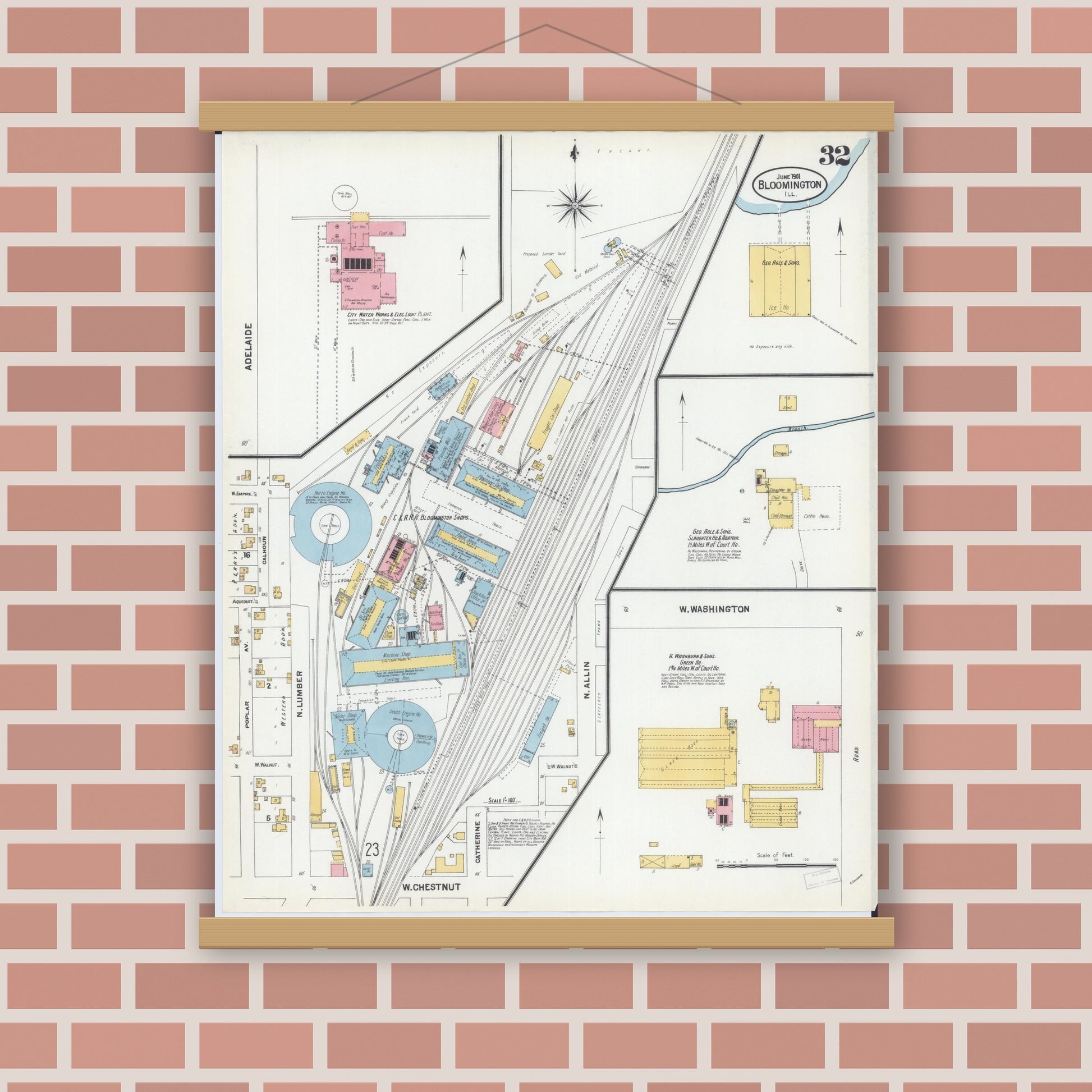 Old map wall art mockup — magnetic wood frame on brick wall — Sanborn Fire Insurance Map from Bloomington, McLean County, Illinois (1901), Sheet #0032