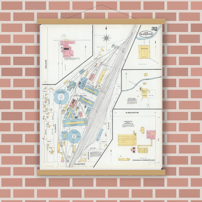 Old map wall art mockup — magnetic wood frame on brick wall — Sanborn Fire Insurance Map from Bloomington, McLean County, Illinois (1901), Sheet #0032
