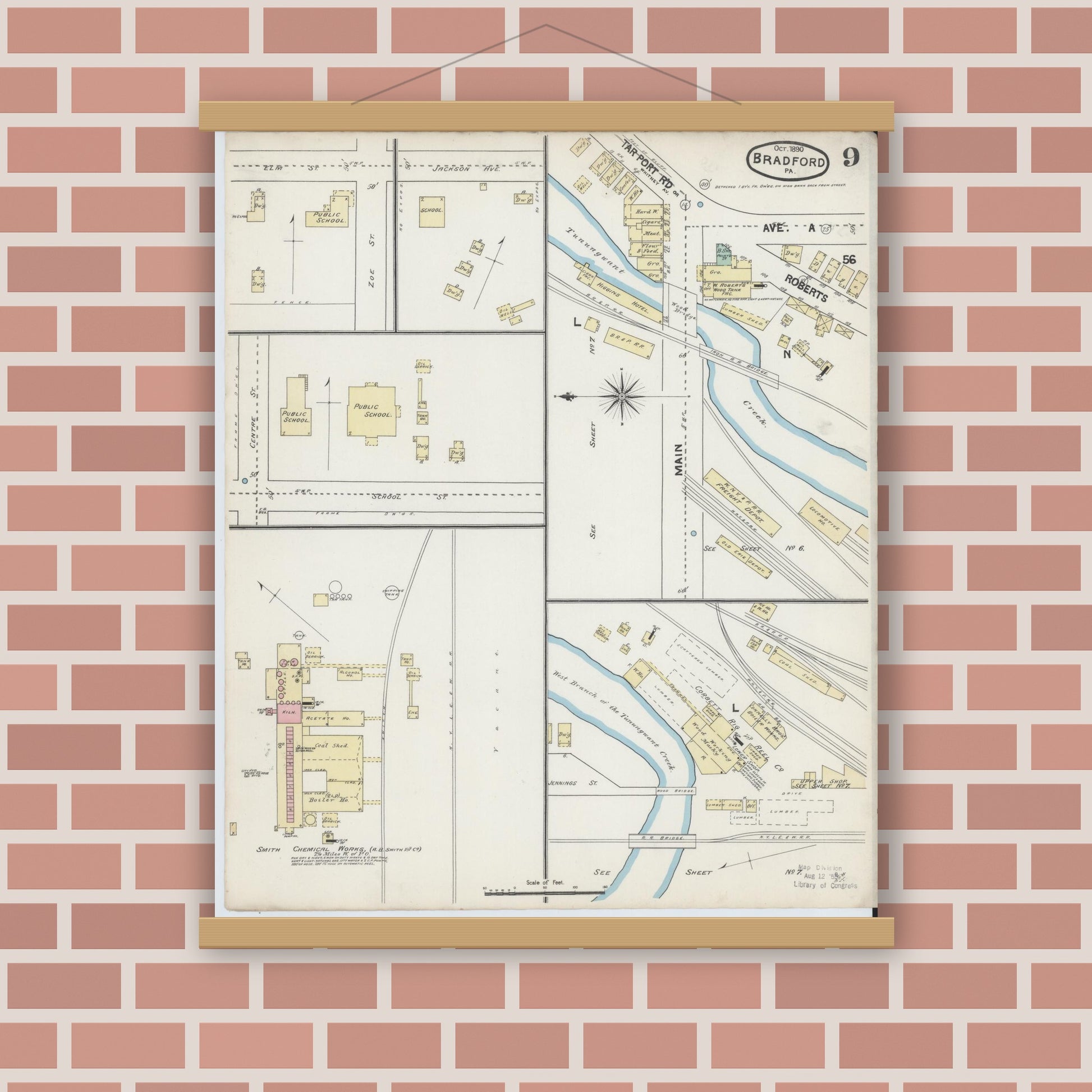 Old map wall art mockup — magnetic wood frame on brick wall — Sanborn Fire Insurance Map from Bradford, McKean County, Pennsylvania (1890), Sheet #0009