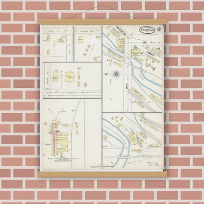 Old map wall art mockup — magnetic wood frame on brick wall — Sanborn Fire Insurance Map from Bradford, McKean County, Pennsylvania (1890), Sheet #0009
