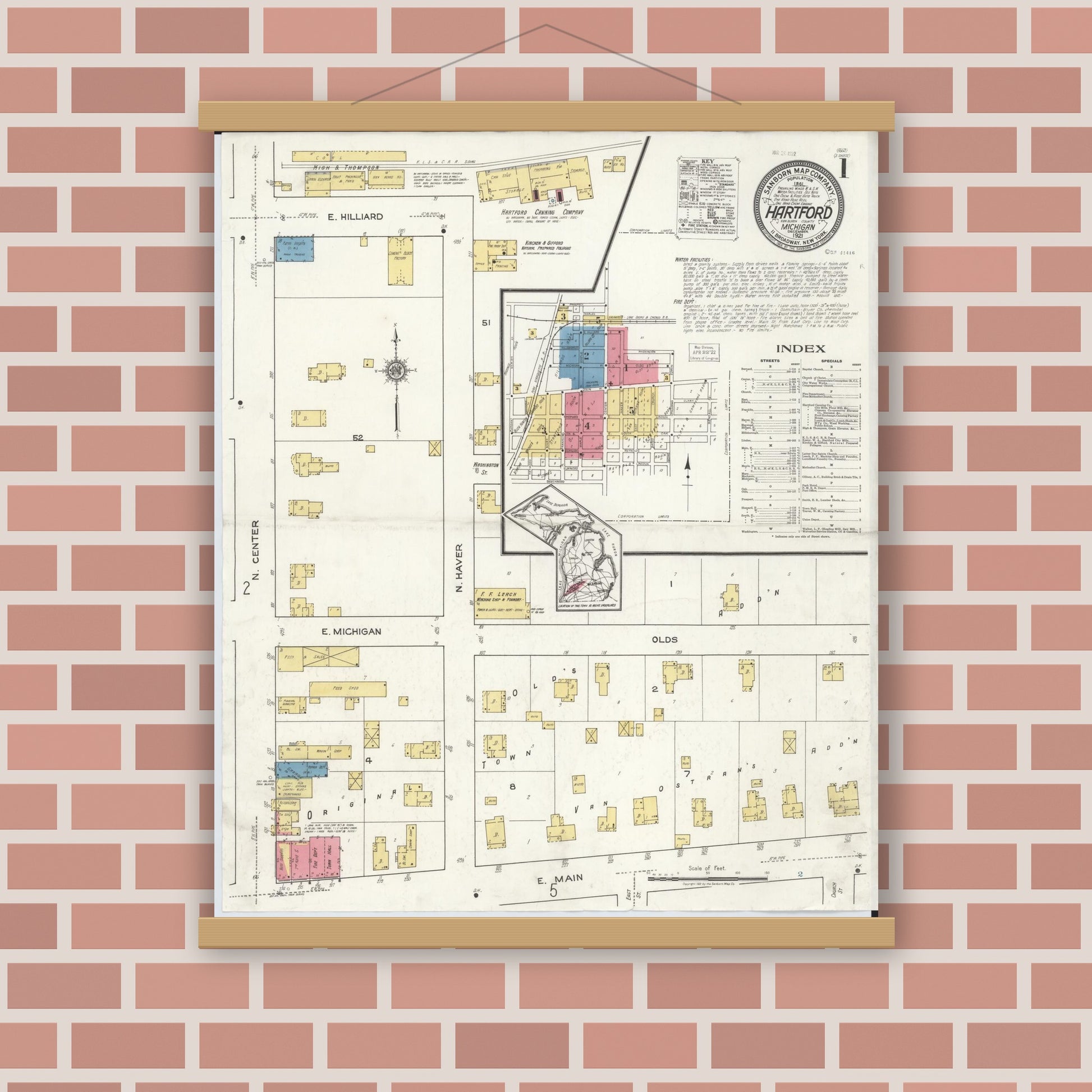 Old map wall art mockup — magnetic wood frame on brick wall — Sanborn Fire Insurance Map from Hartford, Van Buren County, Michigan (1921) - Complete Map Set