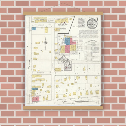 Old map wall art mockup — magnetic wood frame on brick wall — Sanborn Fire Insurance Map from Hartford, Van Buren County, Michigan (1921) - Complete Map Set