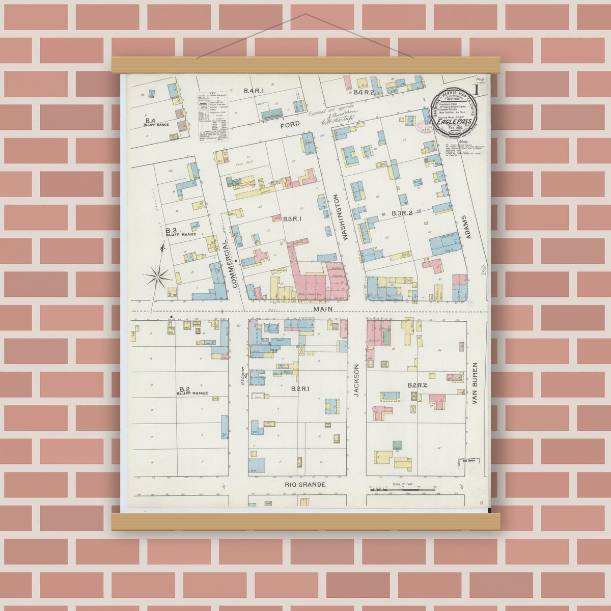 Old map wall art mockup — magnetic wood frame on brick wall — Sanborn Fire Insurance Map from Eagle Pass, Maverick County, Texas (1894) - Complete Map Set