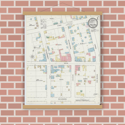 Old map wall art mockup — magnetic wood frame on brick wall — Sanborn Fire Insurance Map from Eagle Pass, Maverick County, Texas (1894) - Complete Map Set